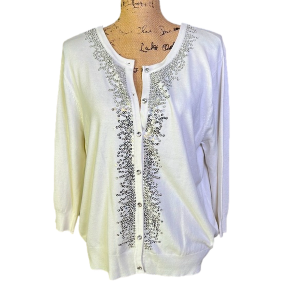 K-I-K-I-T Button Up White Sweater w Faux Crystal Buttons New Condition Size XL